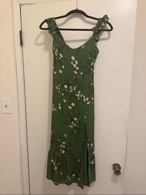 Reformation Olive Green Floral Maxi Dress with Ruffle Straps